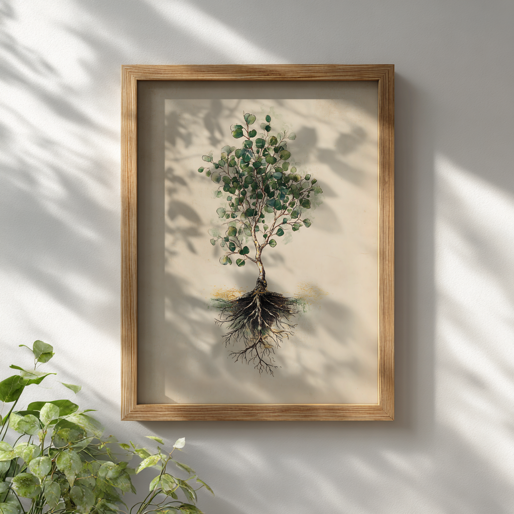 Minimalist eucalyptus botanical poster with detailed root system in wooden frame, displayed on white wall with natural lighting