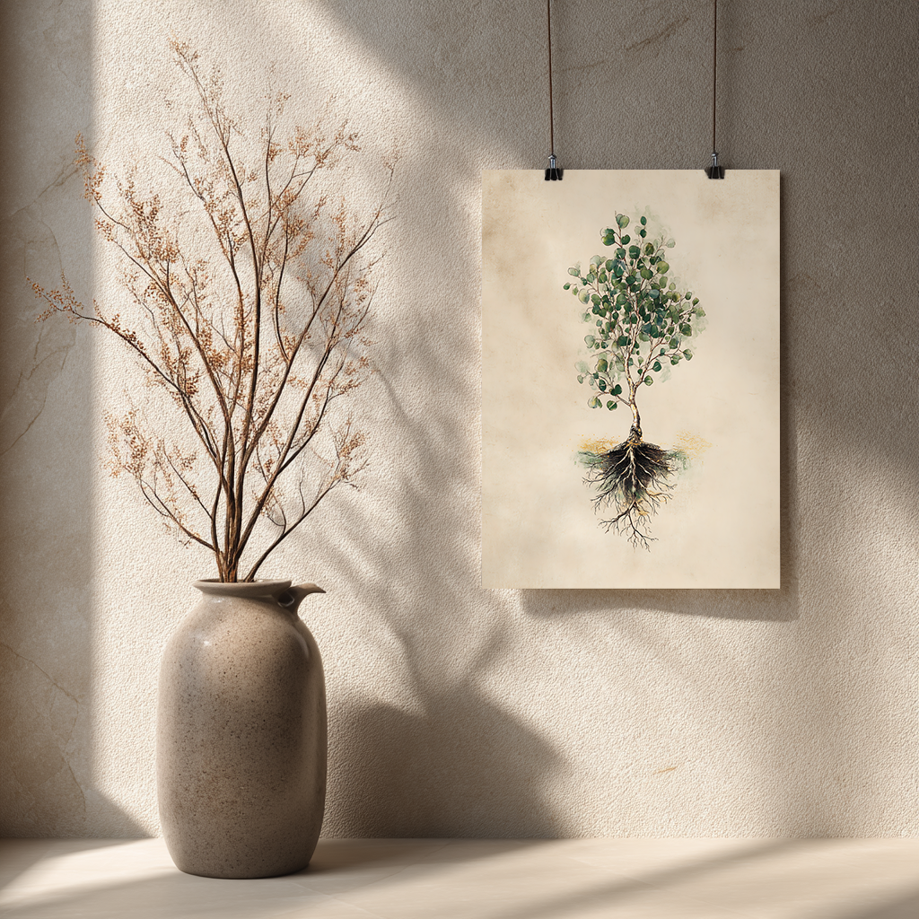 Eucalyptus botanical poster hanging on wall in modern interior setting