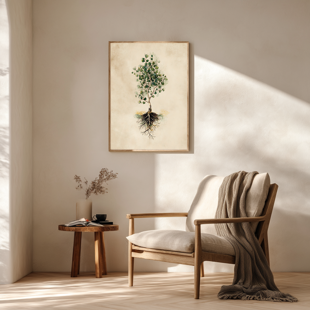 Eucalyptus botanical poster displayed in cozy reading nook with chair and natural lighting