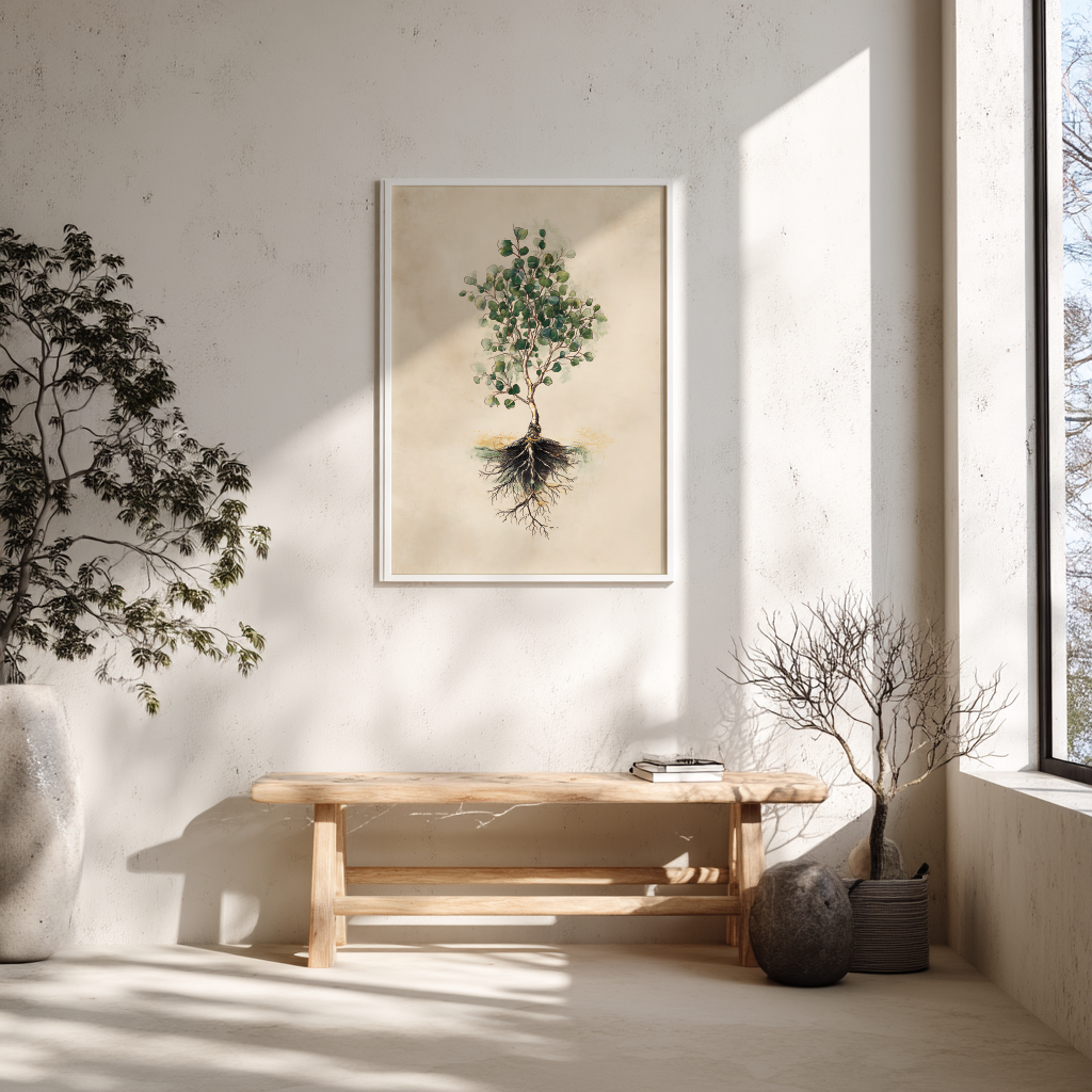 Eucalyptus botanical poster in Scandinavian-style interior with wooden bench and minimalist decor