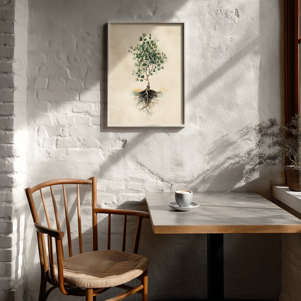 Eucalyptus botanical poster displayed in Scandinavian cafe setting with modern furniture
