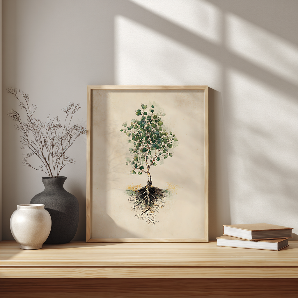 Eucalyptus botanical poster above Scandinavian-style desk workspace with clean, minimalist aesthetic