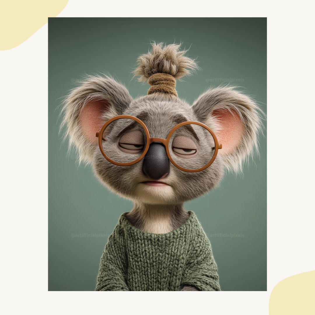 Exhausted koala with glasses and fluffy ears in Pixar animation style generated with Midjourney prompt