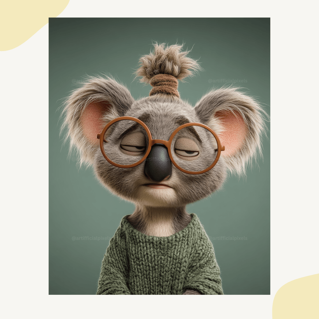 Exhausted koala with glasses and fluffy ears in Pixar animation style generated with Midjourney prompt