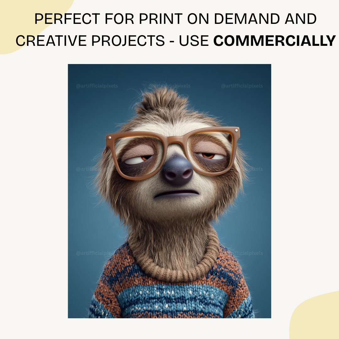 Exhausted sloth with oversized glasses in cute Pixar animation style created using Midjourney prompt
