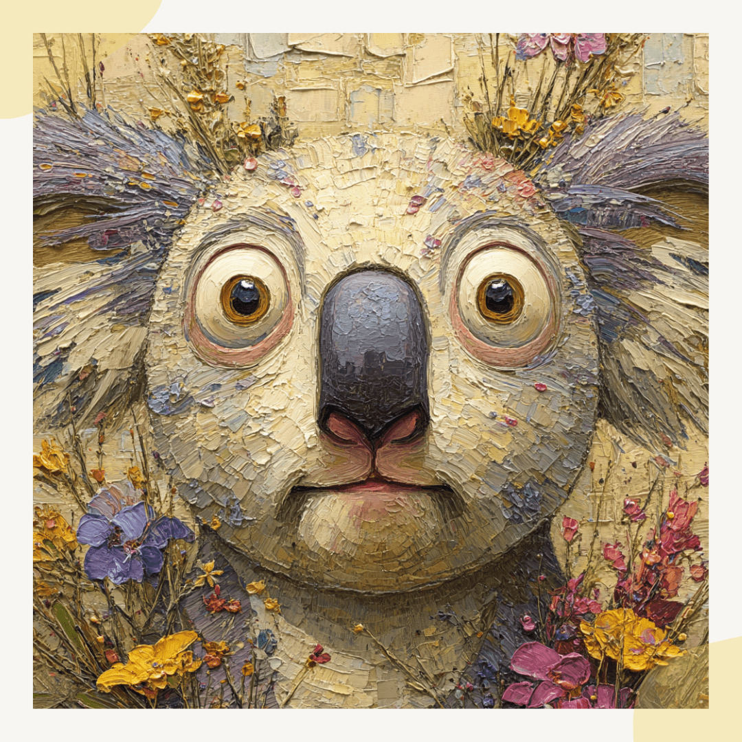 Illustration of a koala surrounded by flowers with a textured surface.