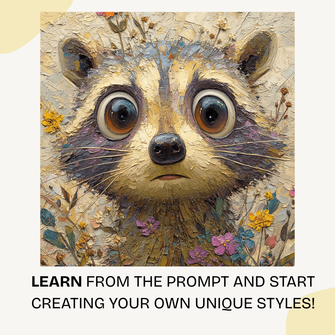 Artistic depiction of a raccoon surrounded by flowers with text encouraging creativity.
