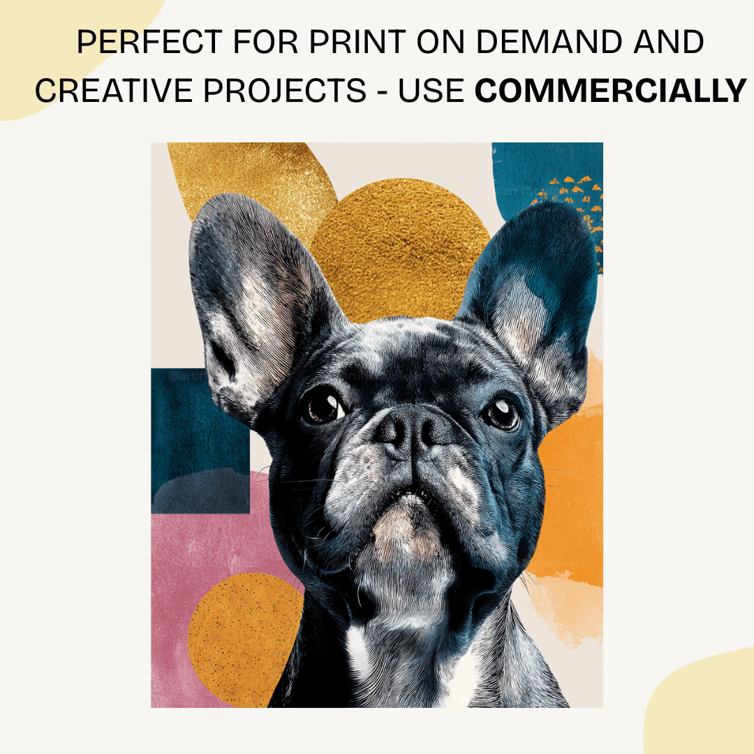 Fashion-forward pop art French bulldog portrait created with Midjourney AI prompt perfect for Etsy sellers and wall art