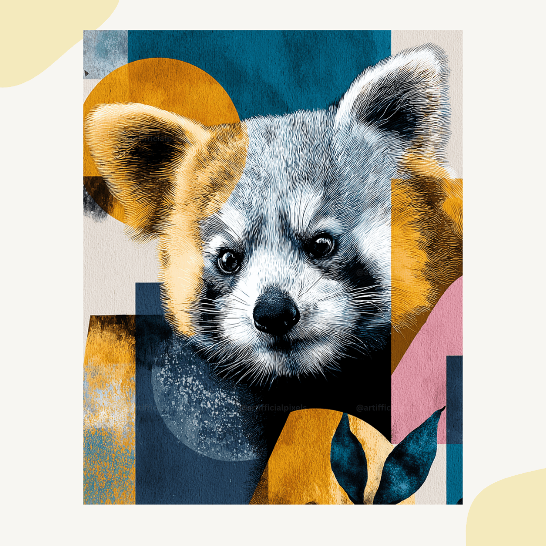 Fashion-forward watercolor red panda portrait with geometric elements created using Midjourney prompt for freelance designers
