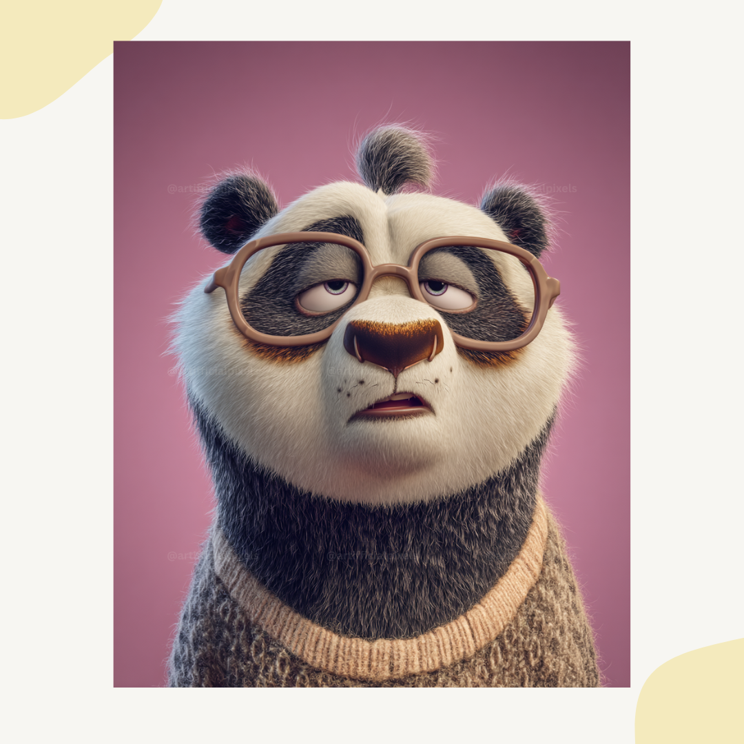 Fed up panda with oversized glasses in adorable Pixar animation style created using Midjourney prompt