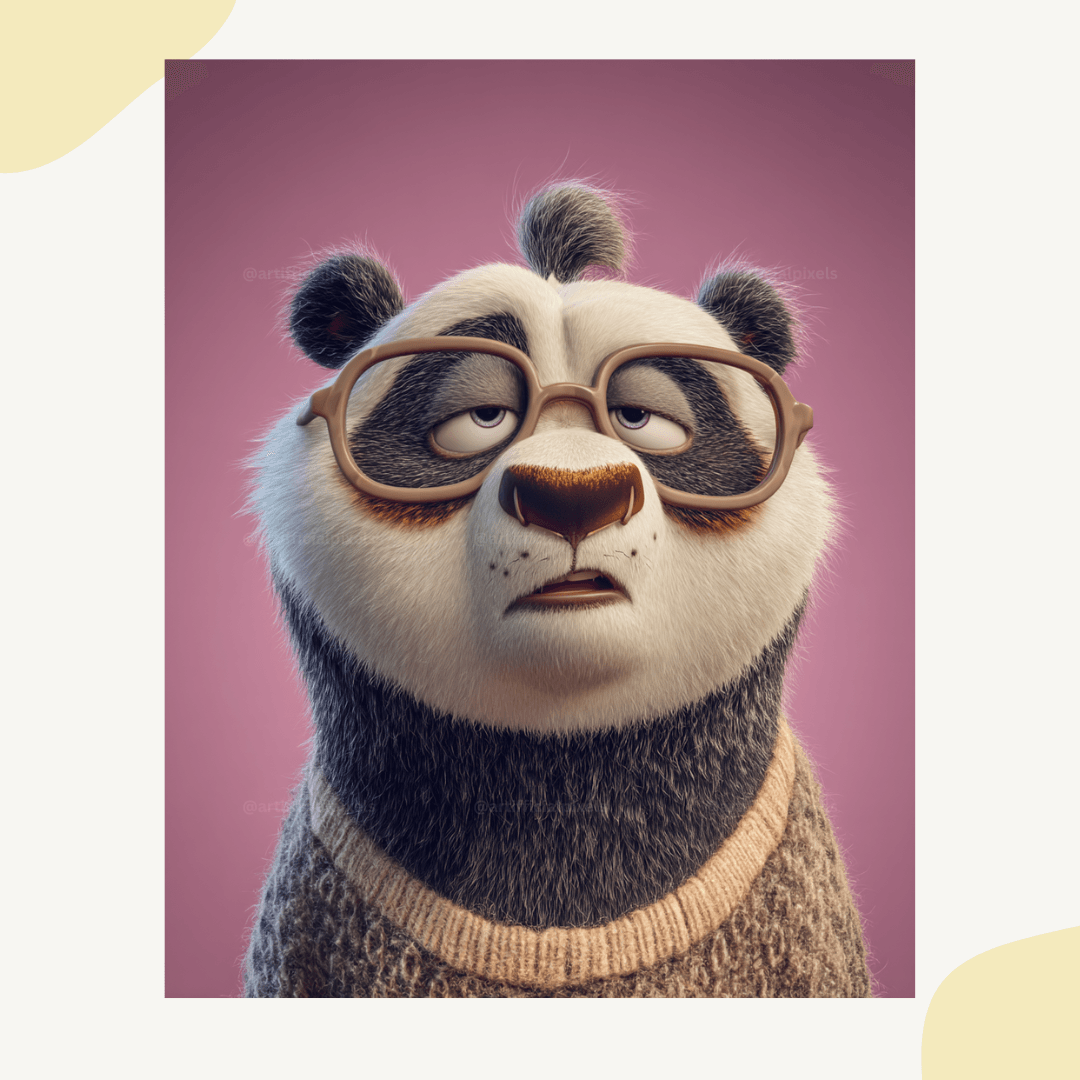 Fed up panda with oversized glasses in adorable Pixar animation style created using Midjourney prompt