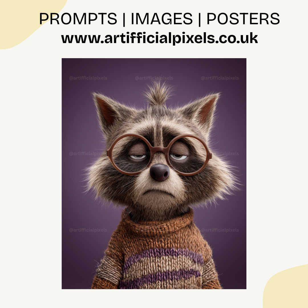 Fed up raccoon with oversized glasses in adorable Pixar animation style created with Midjourney prompt