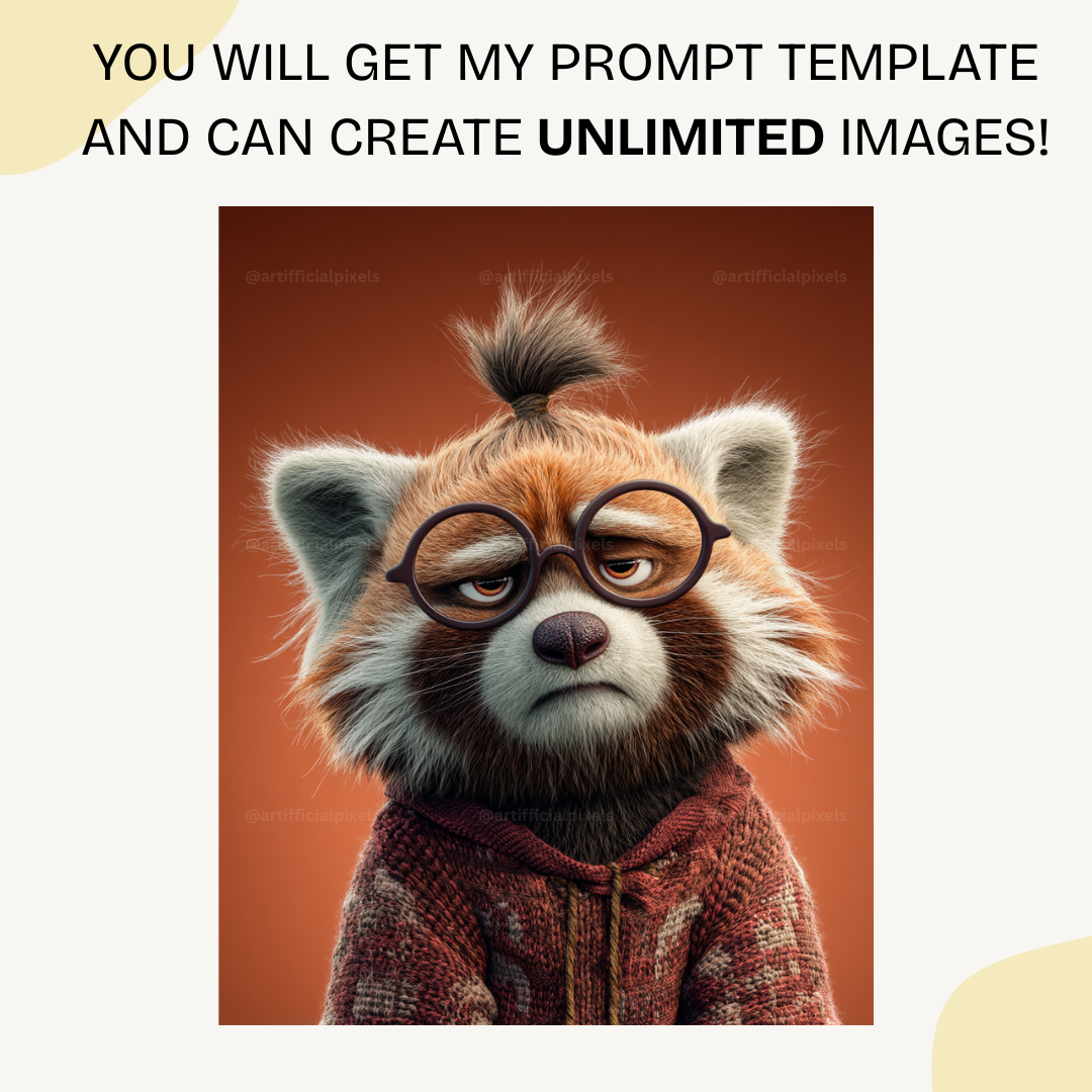 Fed up red panda with oversized glasses in Pixar animation style created with Midjourney AI prompt