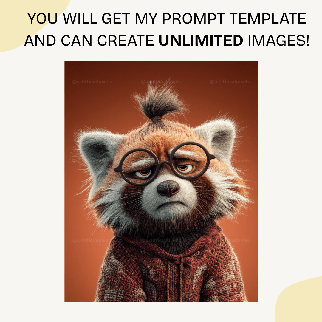 Fed up red panda with oversized glasses in Pixar animation style created with Midjourney AI prompt