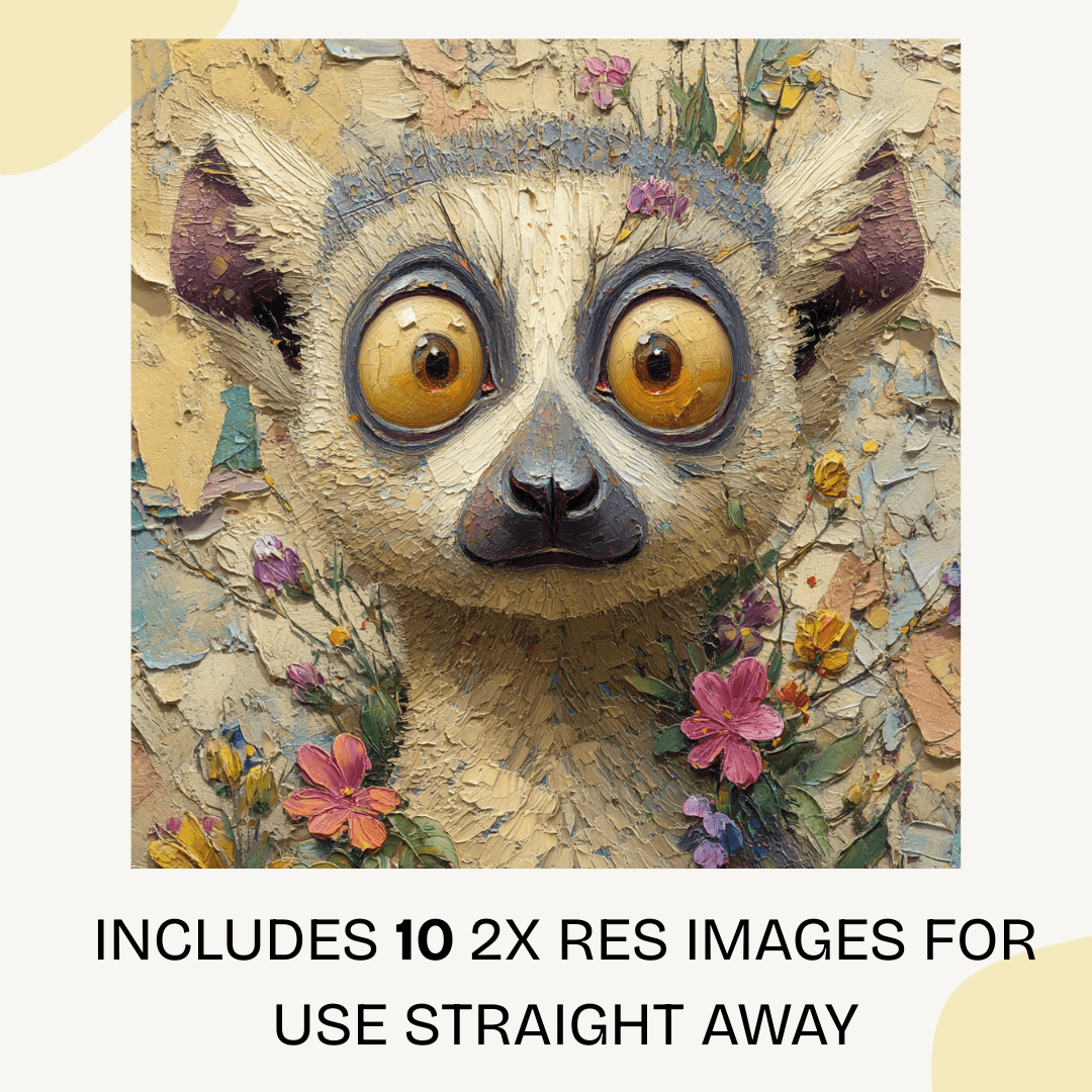 Artistic depiction of a lemur surrounded by flowers with text about image resolutions.