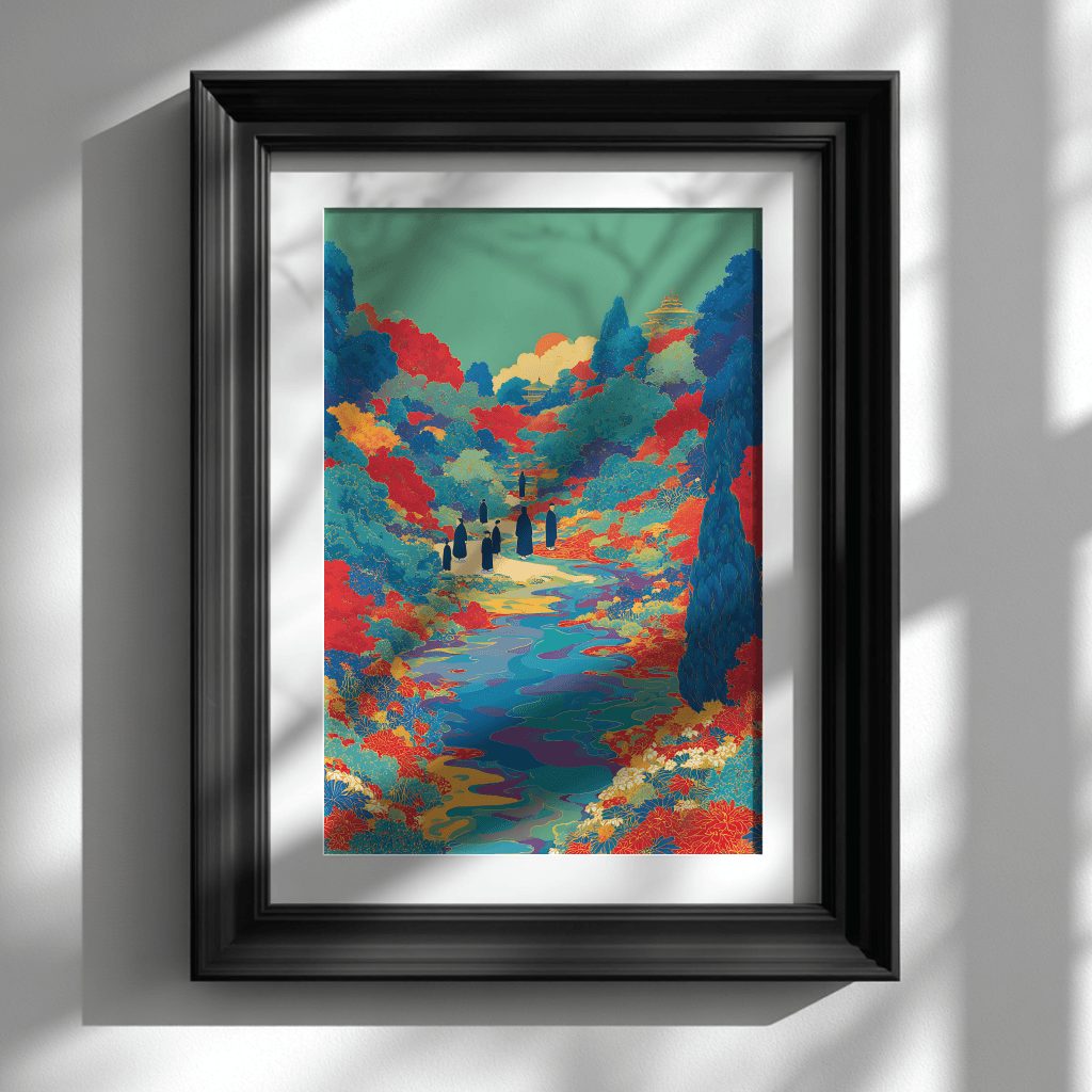 Floral river valley poster with colourful garden silhouettes displayed in black frame on white wall