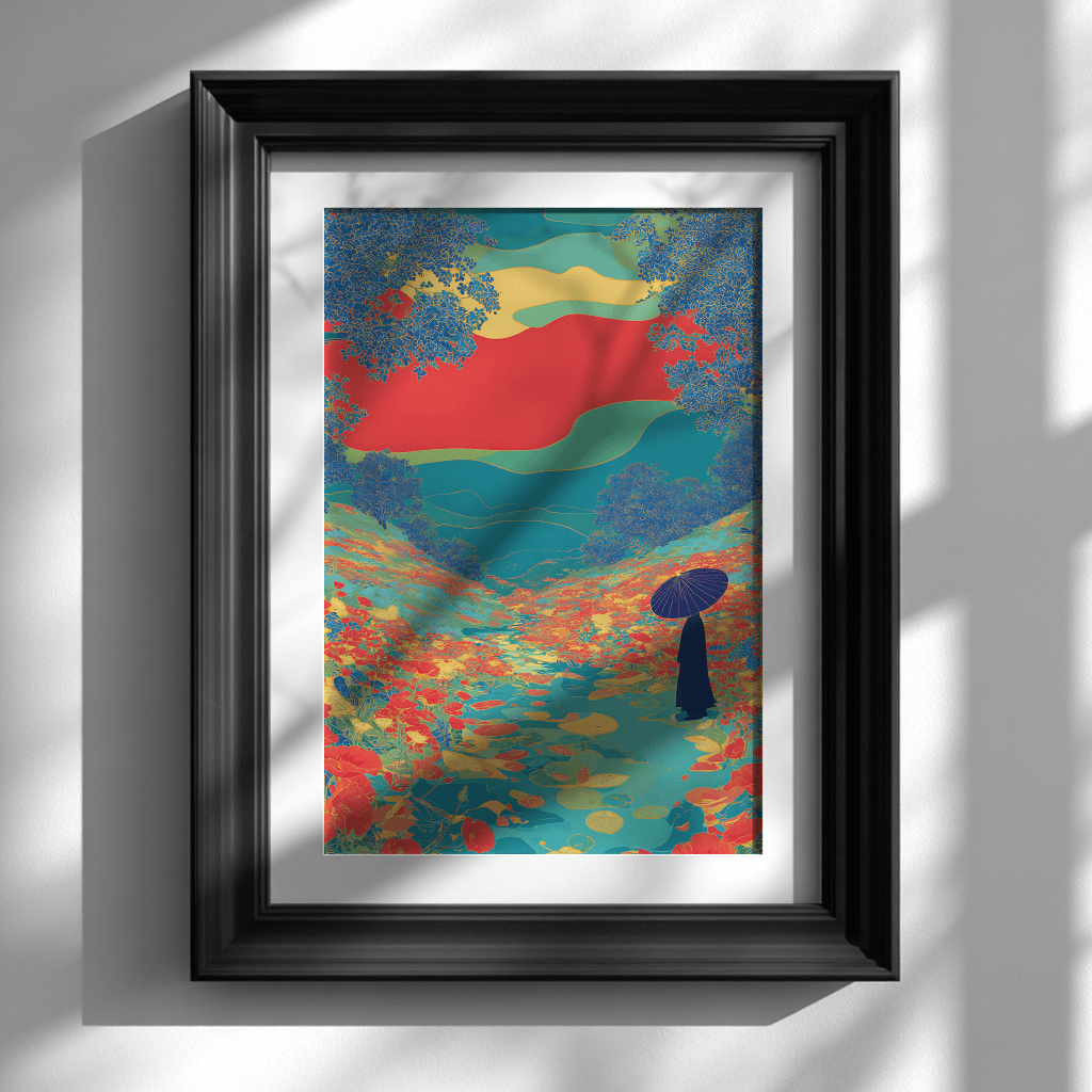 Floral river valley poster with silhouettes and colourful detail displayed in black frame on white wall