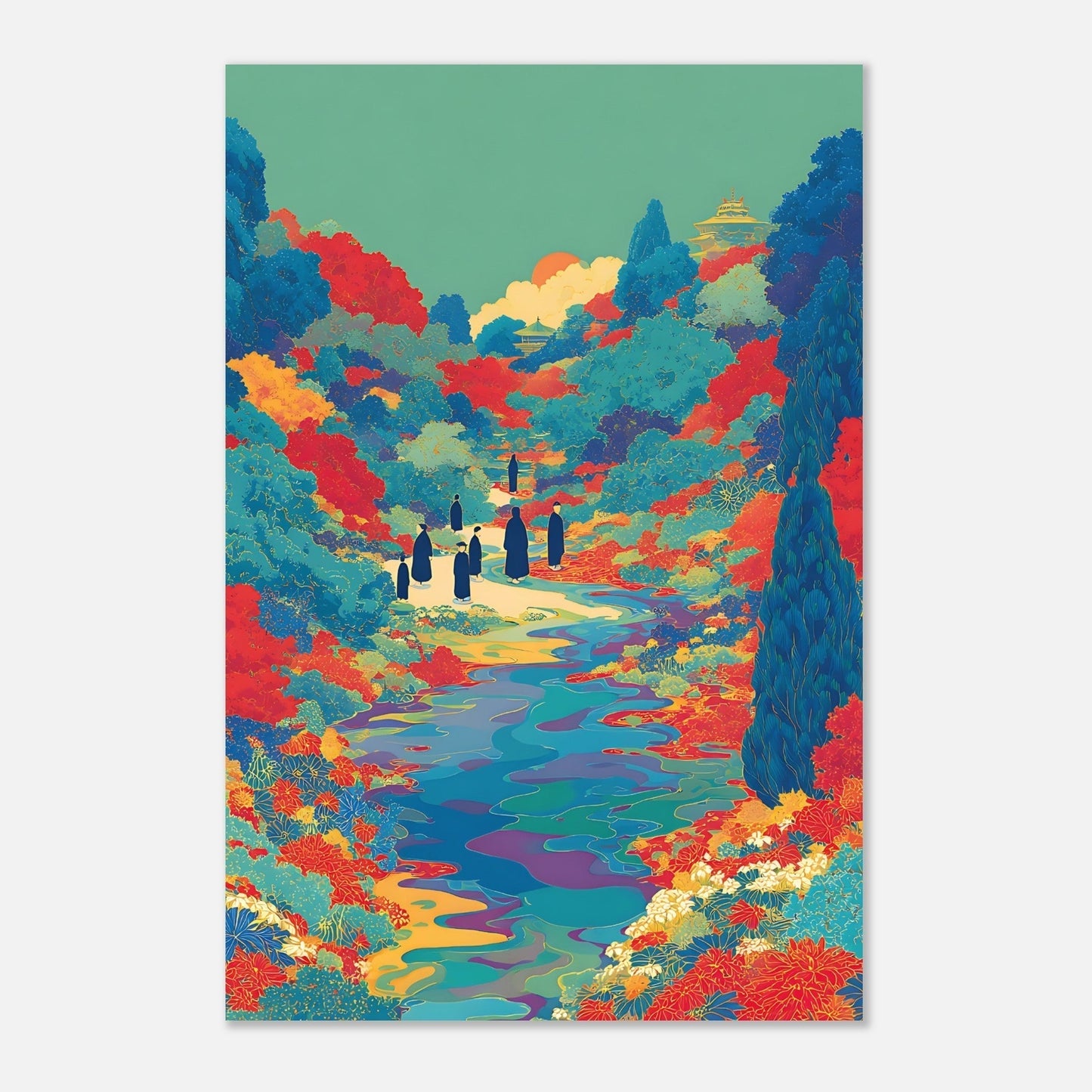 Close-up detail of floral river valley poster showing colourful silhouettes and artistic elements