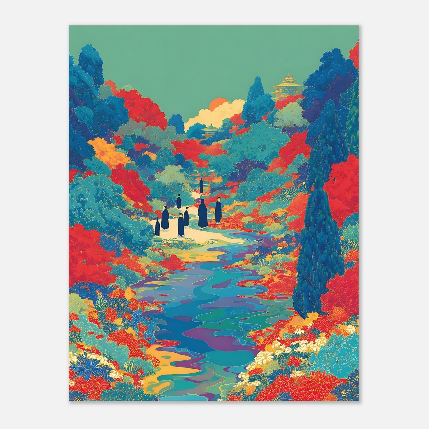 Detailed view of floral river valley poster highlighting vibrant colours and silhouette artwork