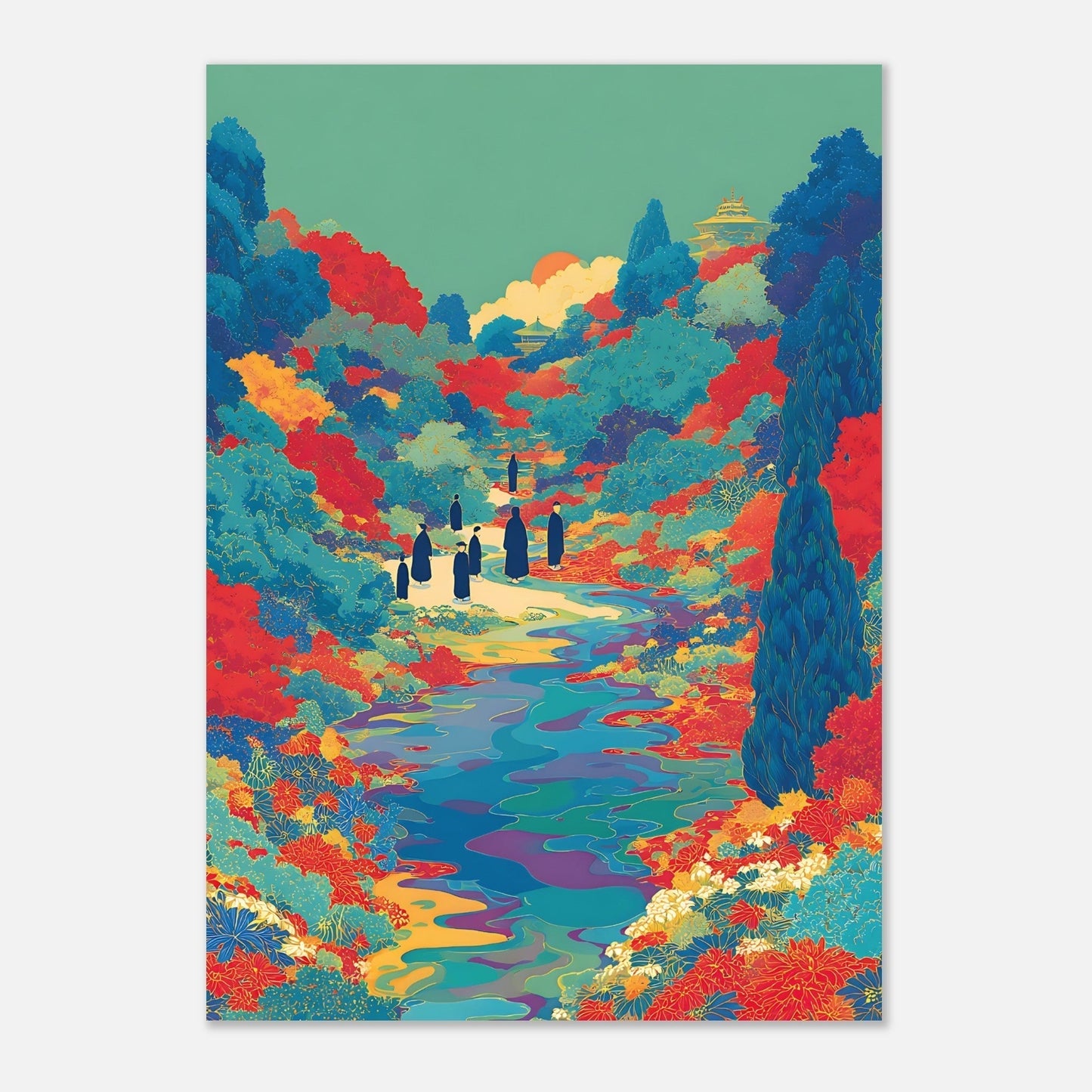 Close-up section of floral river valley poster showcasing intricate silhouette and colour details