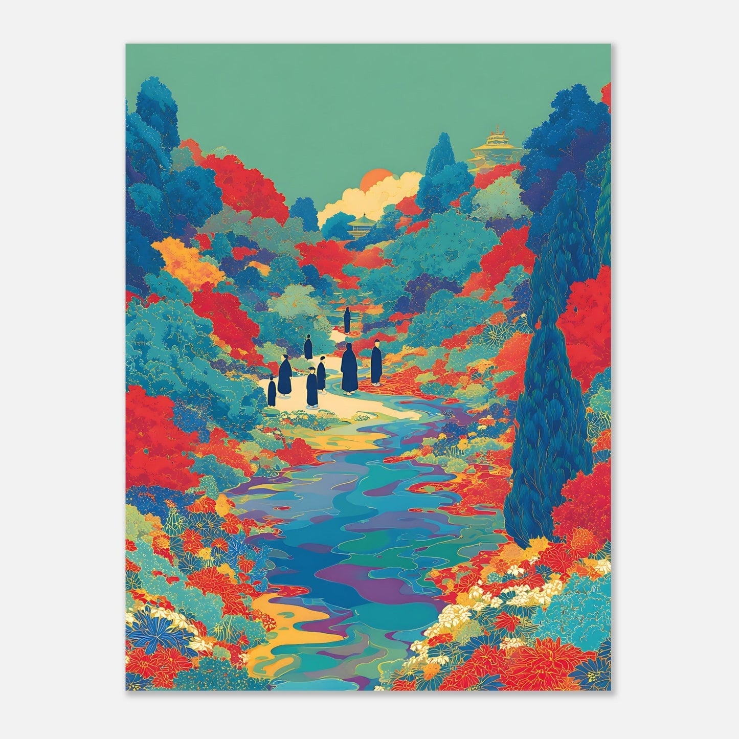 Close-up view of floral river valley poster showing fine detail of silhouettes and vibrant colours
