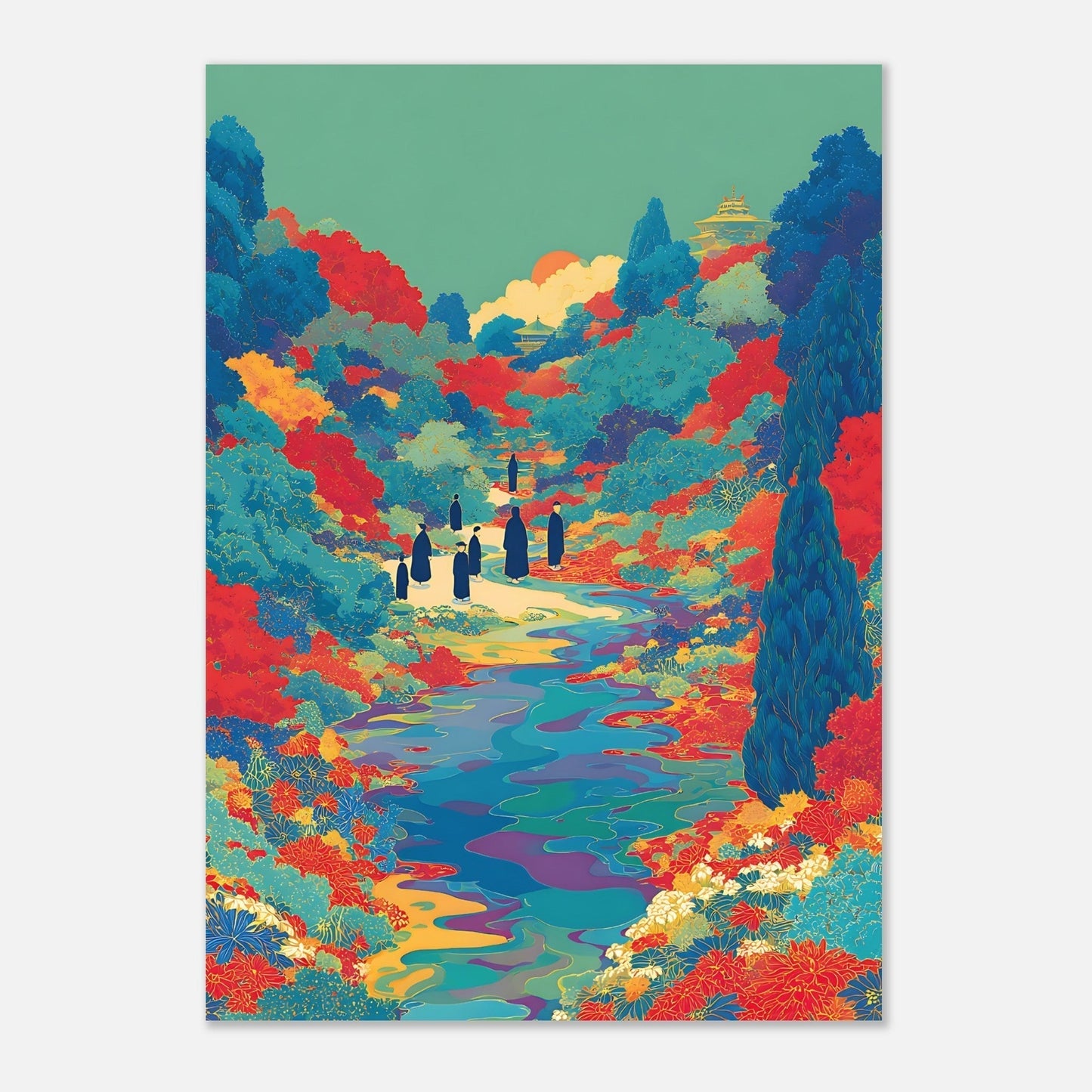 Detailed section of floral river valley poster highlighting artistic composition and colour palette