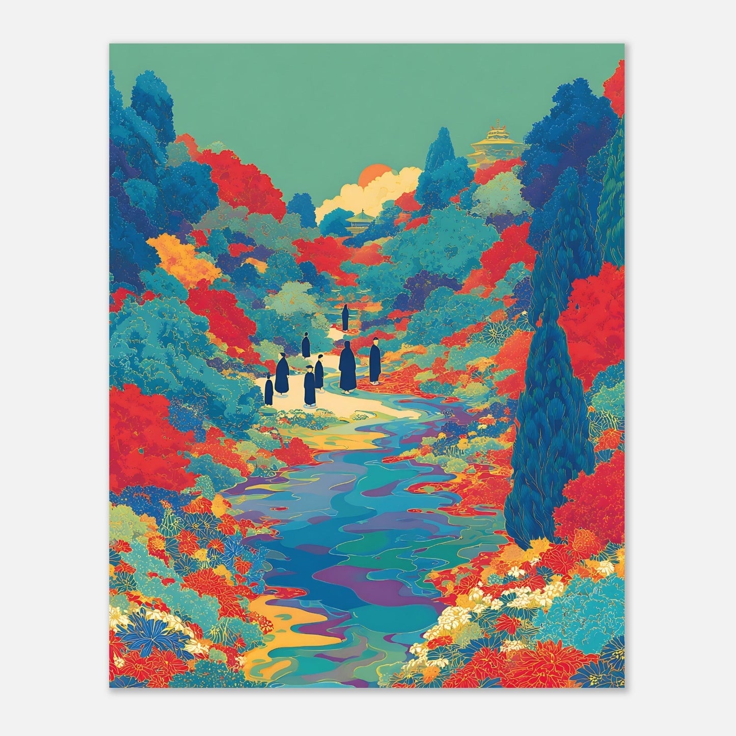 Close-up detail of floral river valley poster showcasing silhouette artwork and colourful design