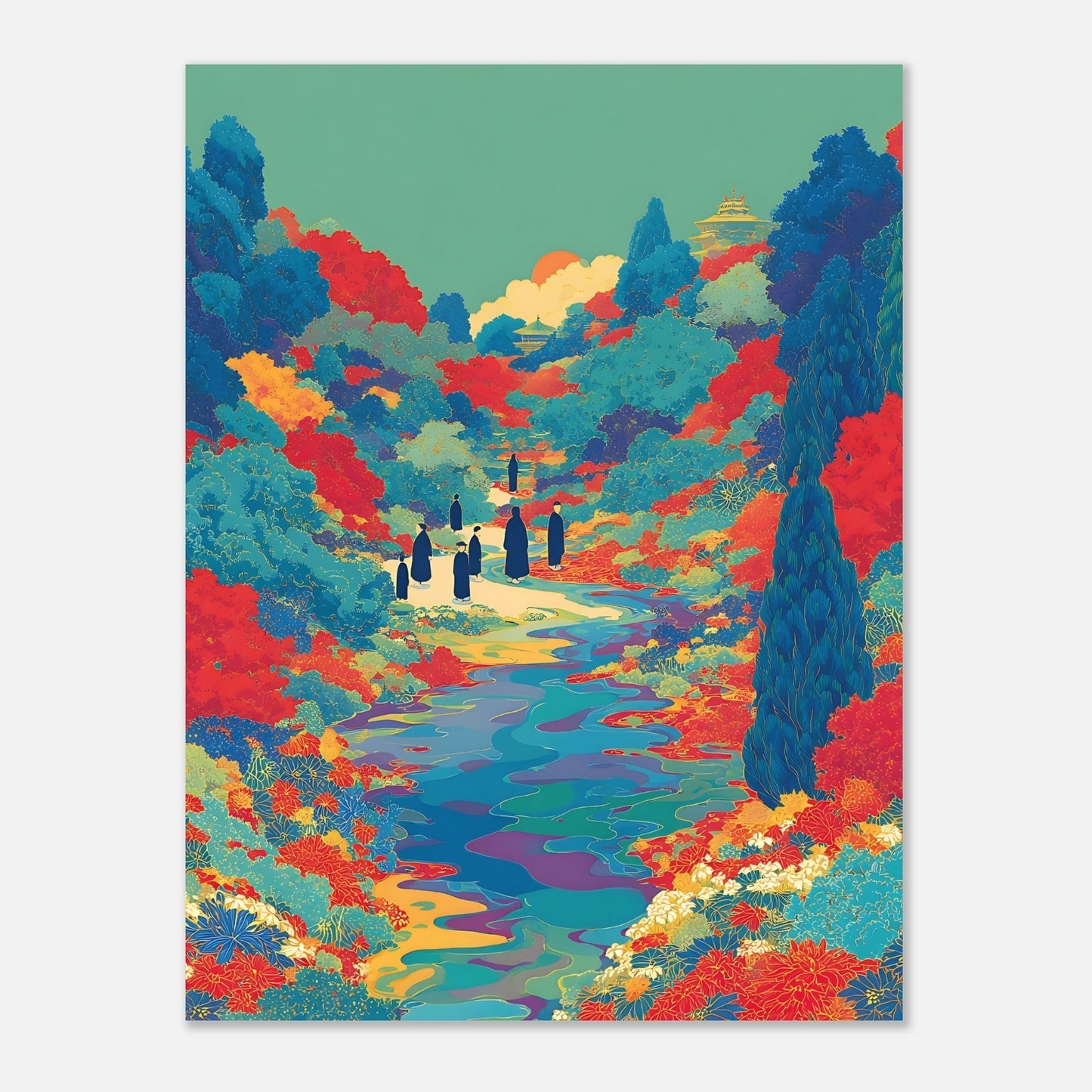 Detailed view of floral river valley poster displaying intricate silhouettes and artistic colour work