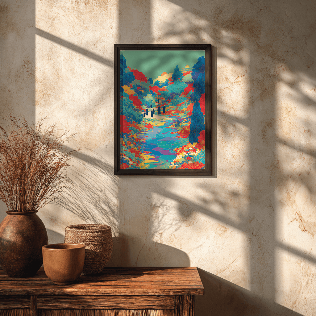 Floral river valley poster with garden silhouettes displayed in glass frame wall mounting