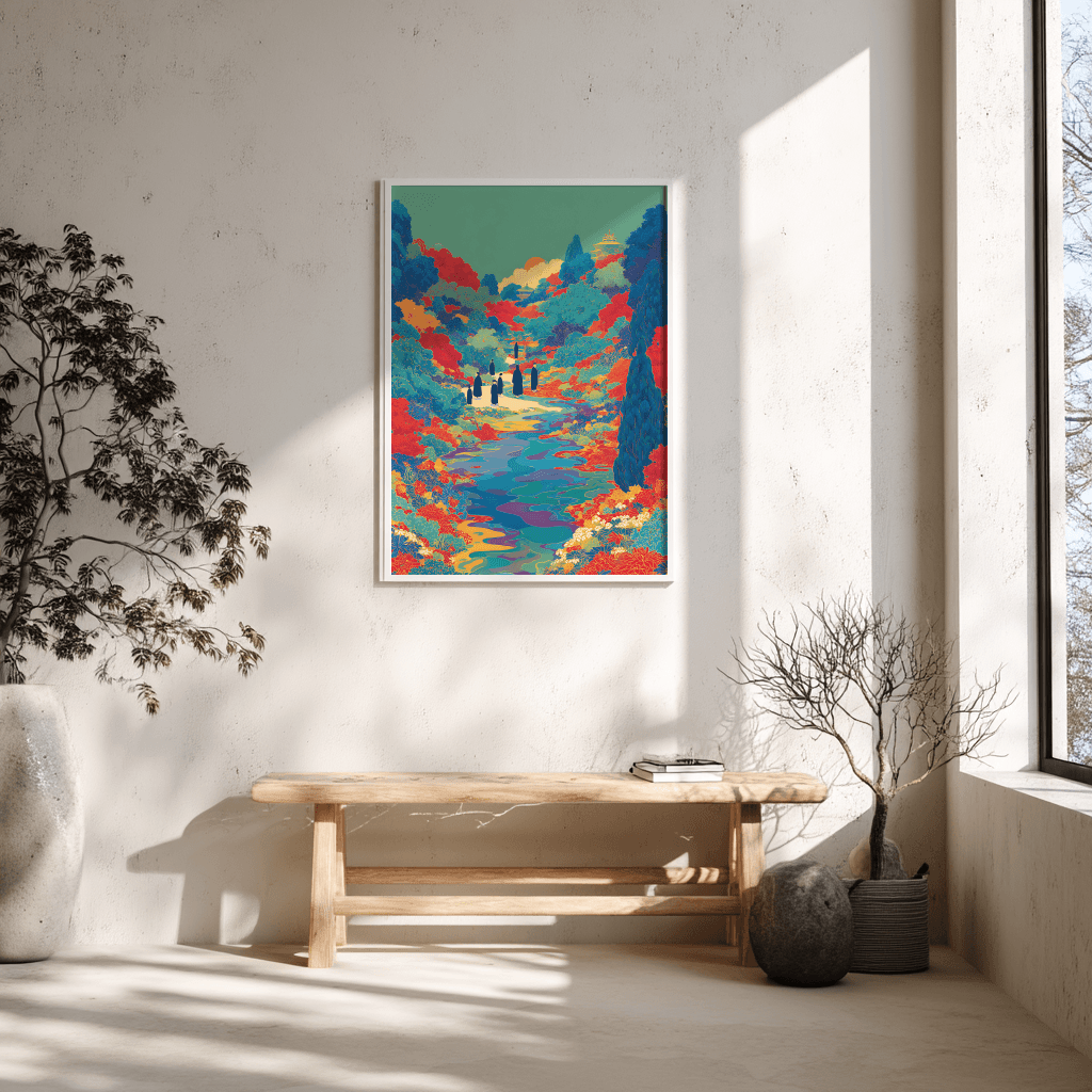 Floral river valley poster print with colourful silhouettes displayed on modern Scandinavian bench setup
