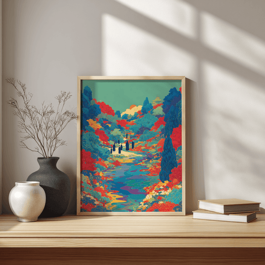 Floral river valley poster print with colourful silhouettes displayed on modern Scandinavian desk setup