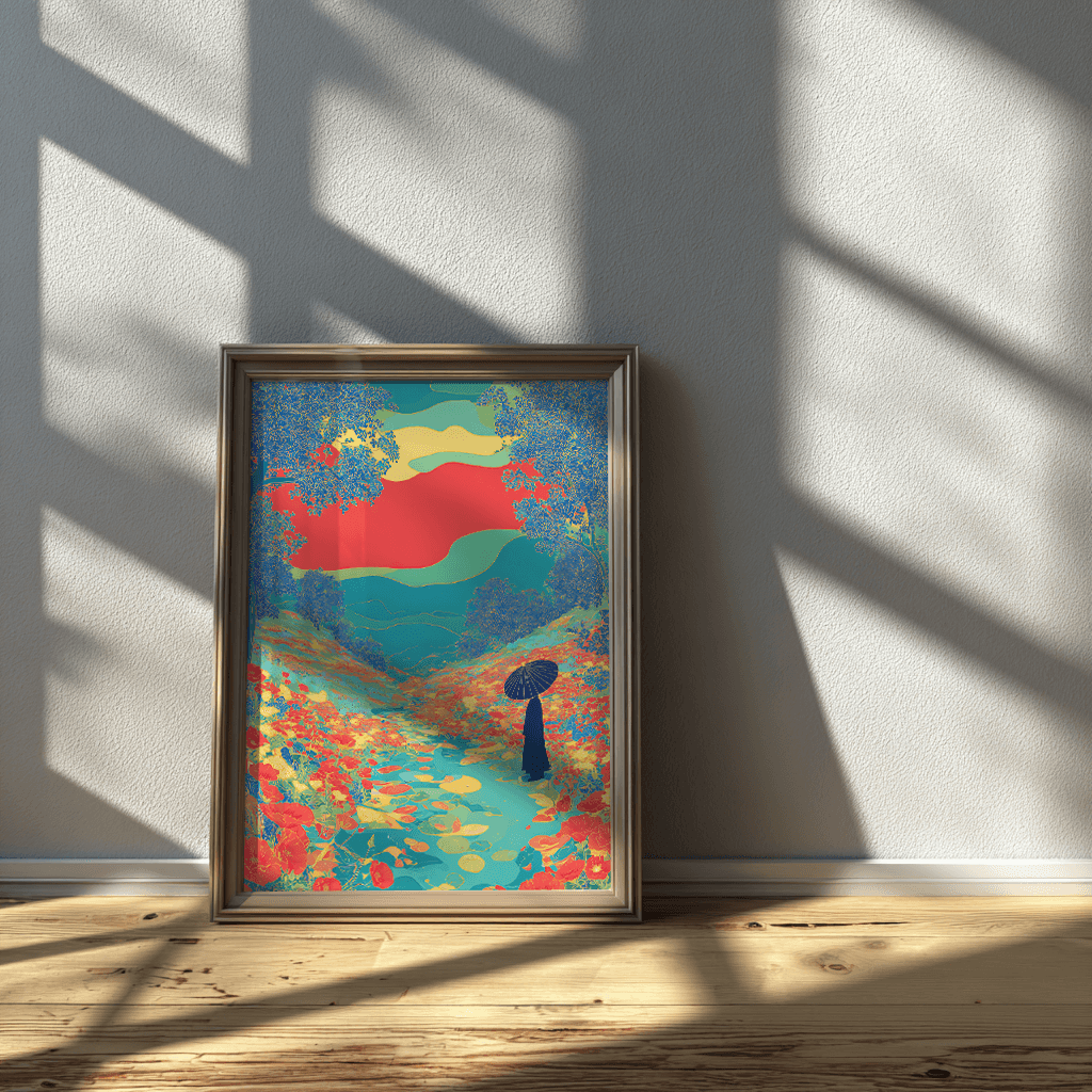 Floral river valley poster with silhouettes and colourful detail displayed on modern Scandinavian desk setup