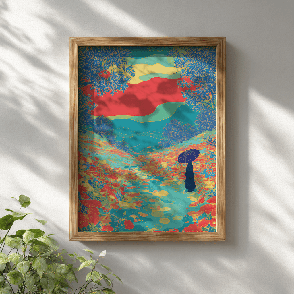 Floral river valley poster with silhouettes and colourful detail displayed in wooden frame on white wall