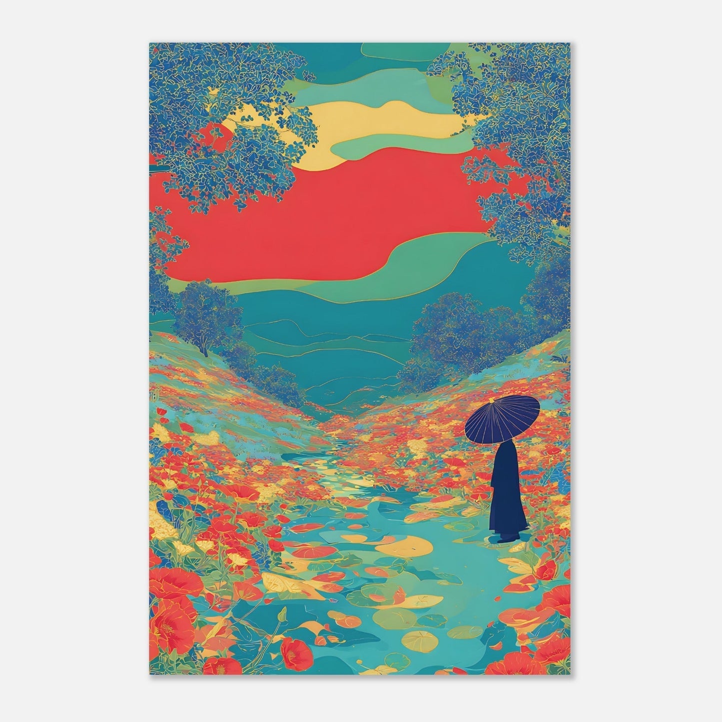 Detailed view of floral river valley poster showing silhouettes and colourful garden elements