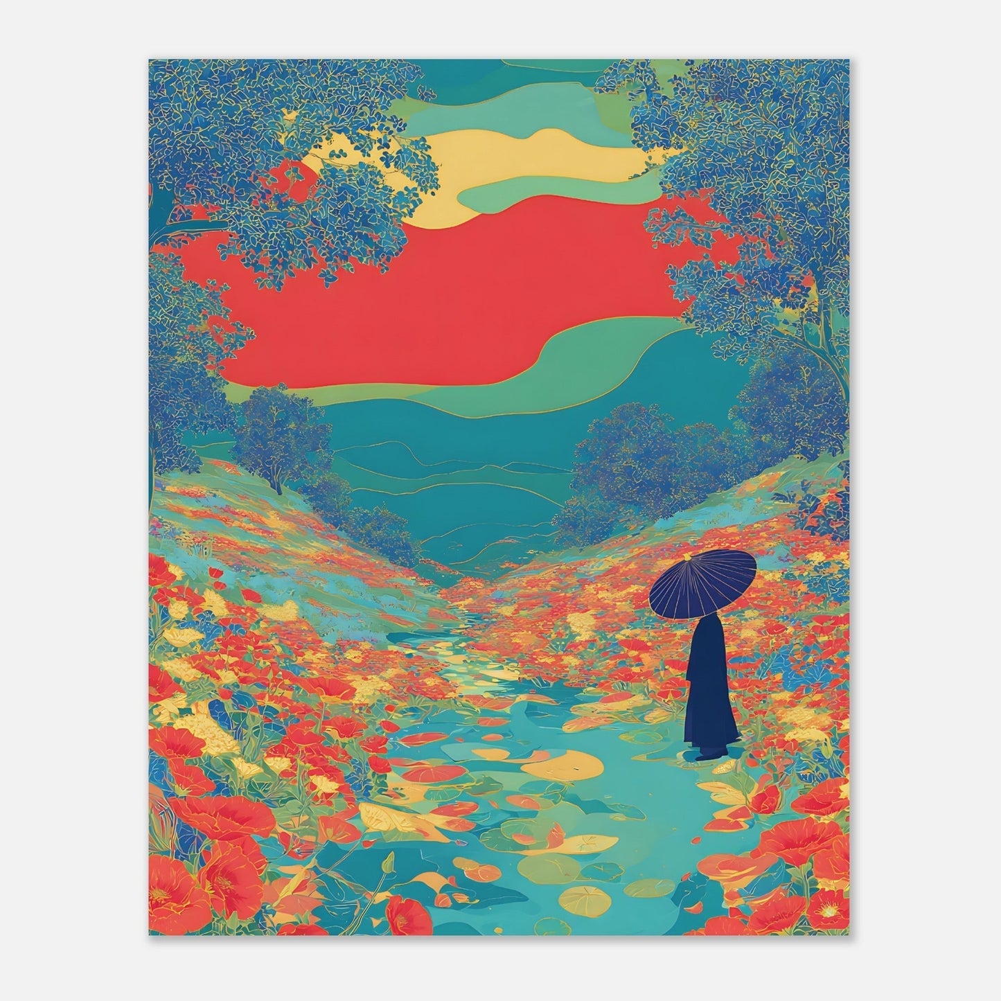 Artistic detail of floral river valley poster showcasing silhouette and colour composition