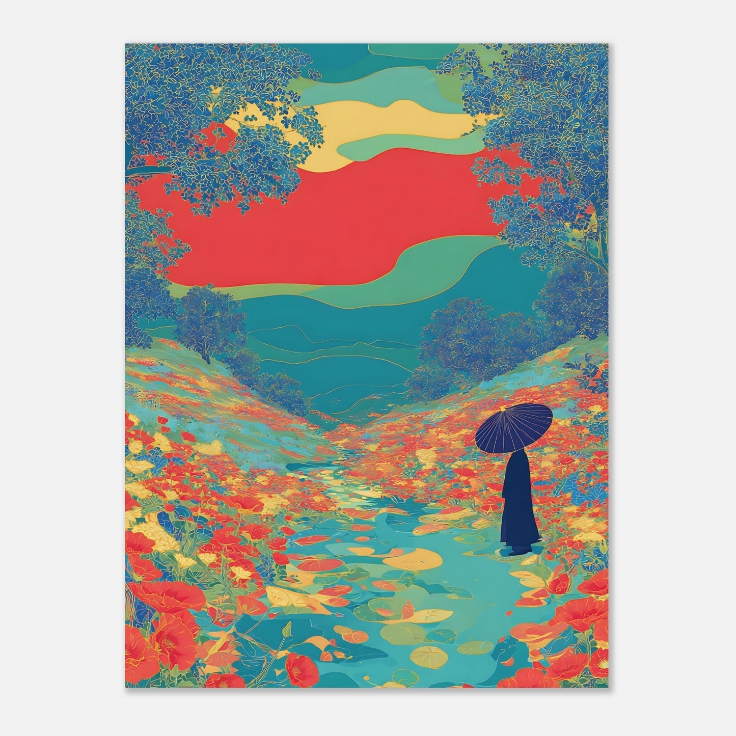 Close-up view of floral river valley poster showing intricate silhouette details