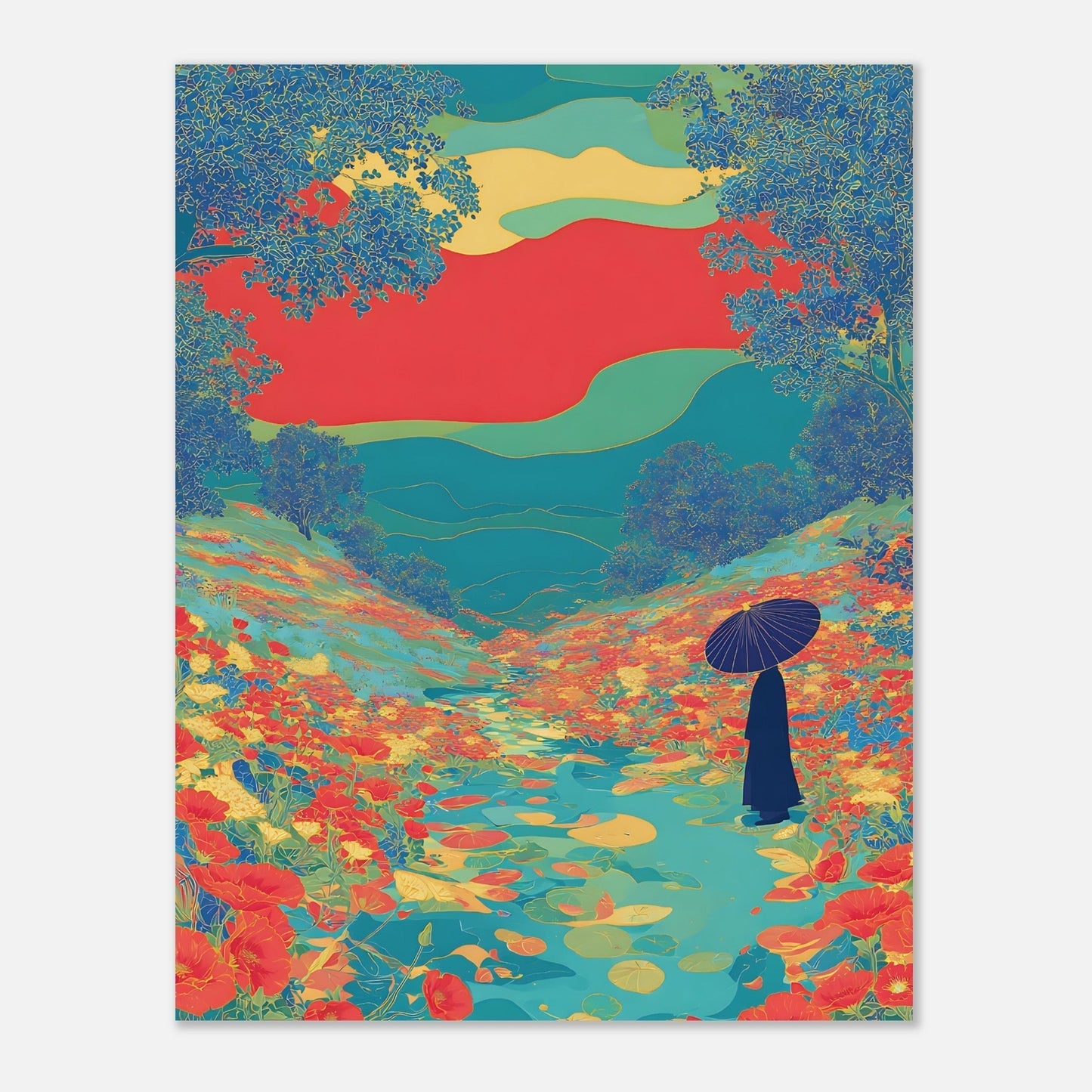 Detail shot of floral river valley poster highlighting colourful garden scenery