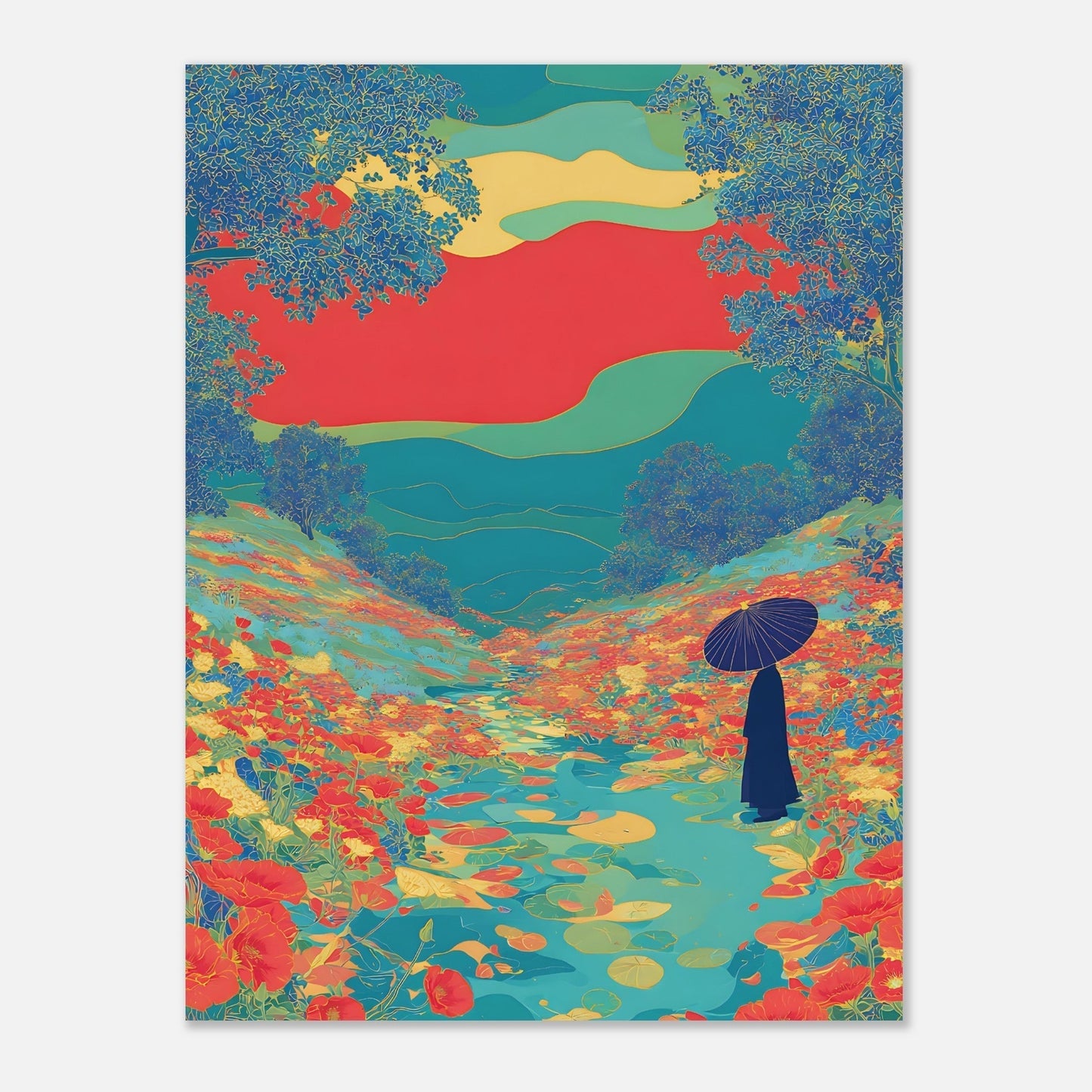 Artistic close-up of floral river valley poster showing botanical silhouettes and vibrant colours