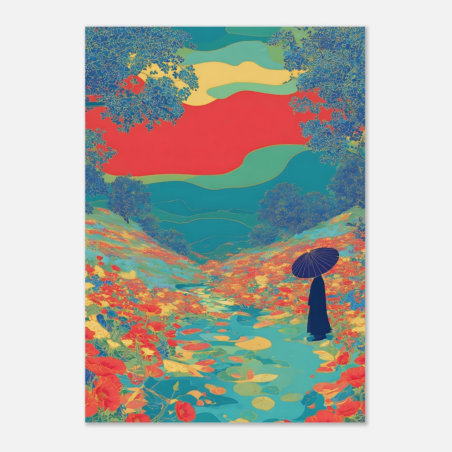 Detailed view of floral river valley poster showcasing the interplay between botanical silhouettes and vibrant colour details