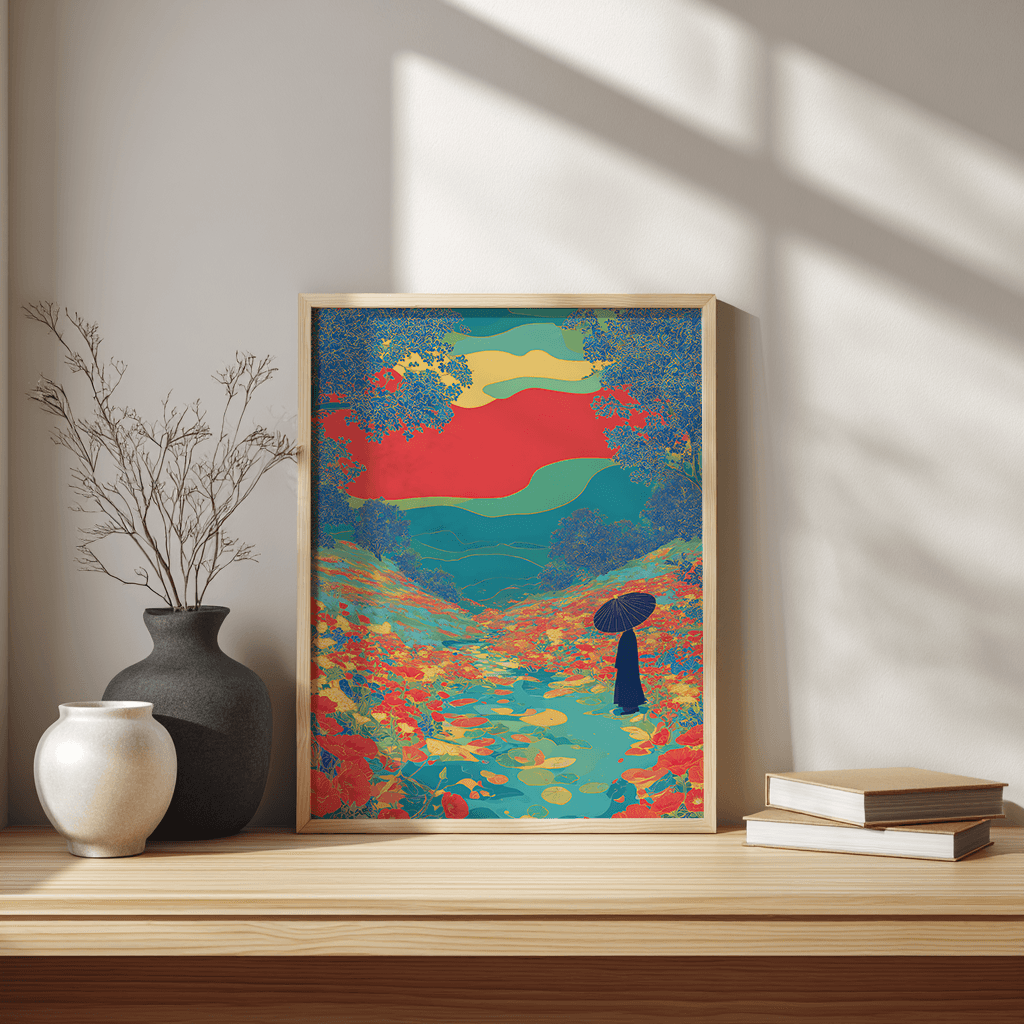 Floral river valley poster with silhouettes and colourful detail shown with Scandinavian bench interior styling