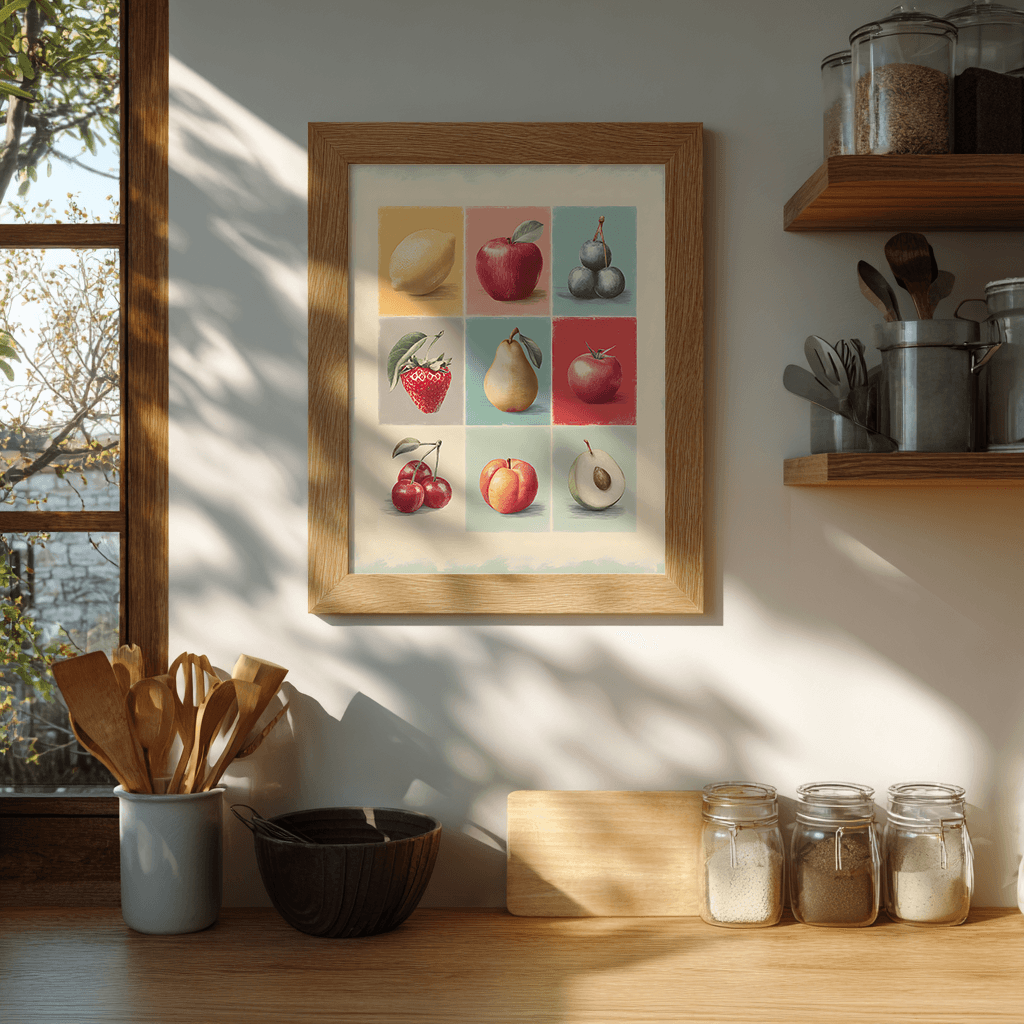 Vintage fruit collage poster print displayed in minimalist kitchen as wall decor artwork