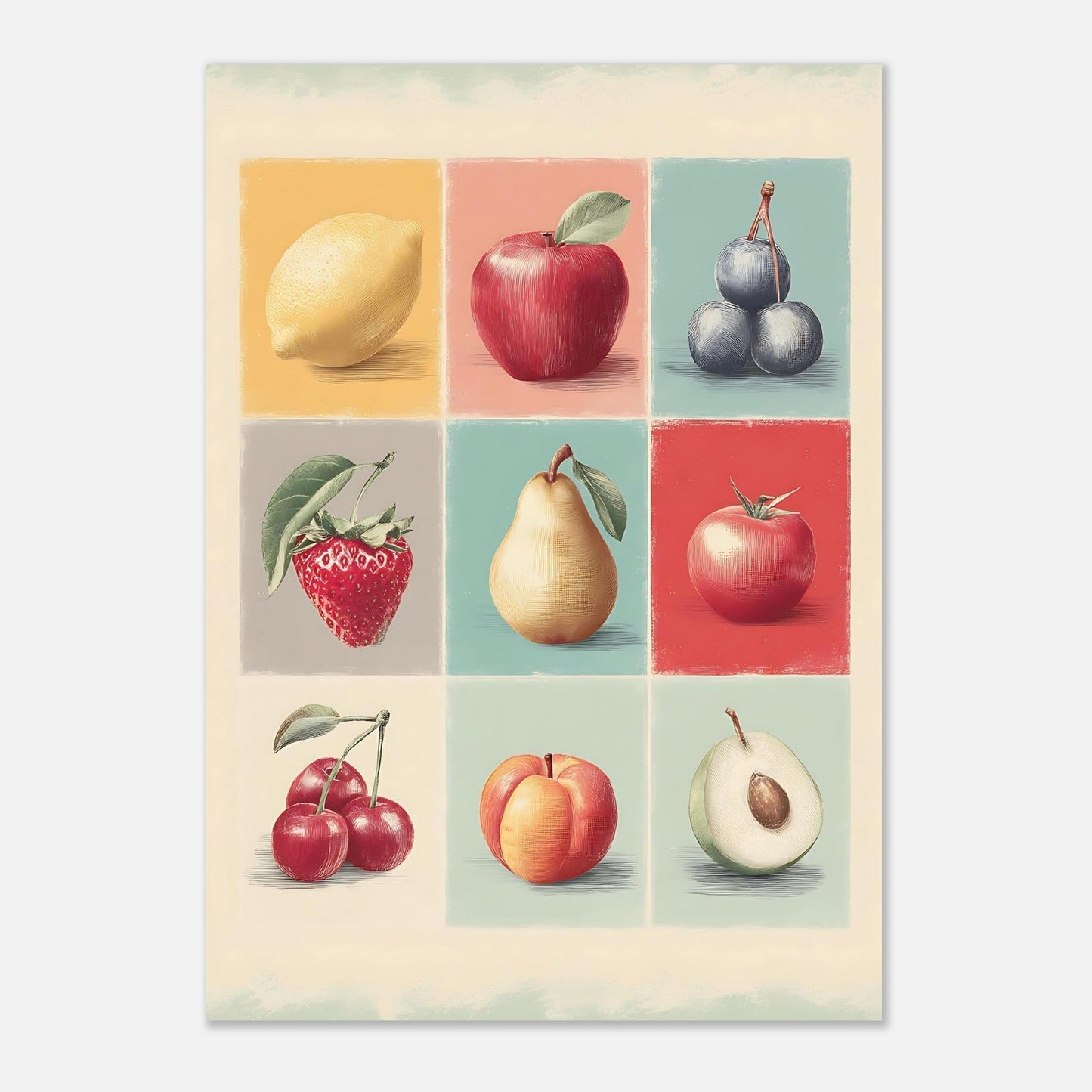 Vintage fruit collage poster displayed as kitchen wall art and visual decor piece