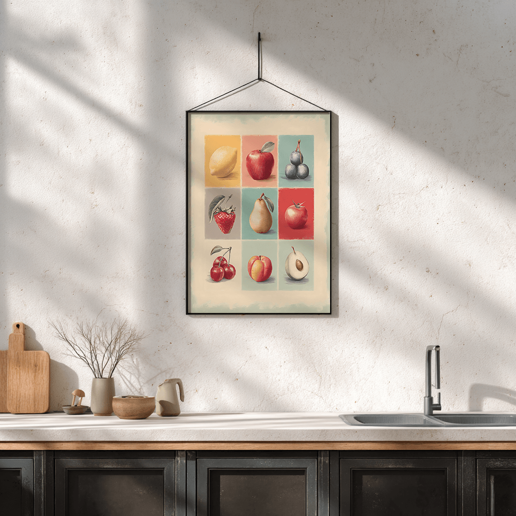Vintage fruit collage poster print artwork displayed in kitchen setting as wall decor