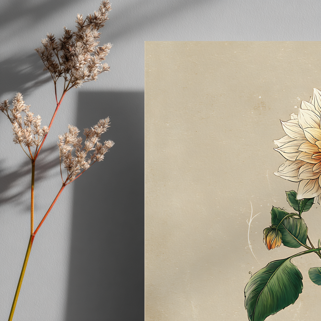 Dried plant against a gray background with a decorative plant illustration on beige.