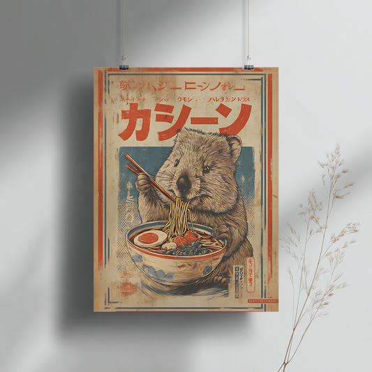 Grey wall mockup showing vintage wombat ramen poster hanging in modern interior