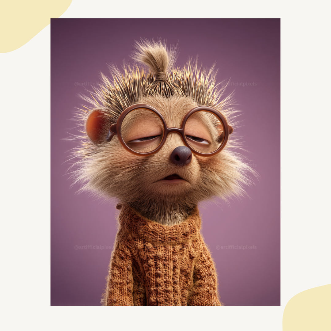 Grumpy hedgehog with oversized glasses in cute Pixar animation style created with Midjourney AI prompt