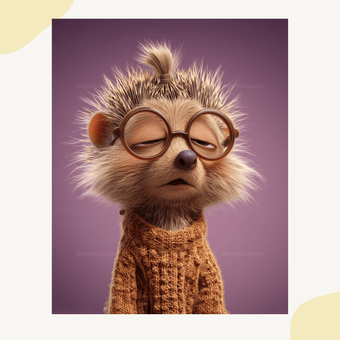 Grumpy hedgehog with oversized glasses in cute Pixar animation style created with Midjourney AI prompt