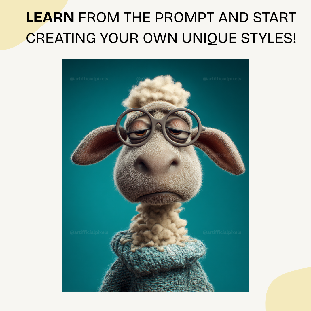 Grumpy sheep with glasses and fluffy wool in Pixar animation style generated with Midjourney AI prompt