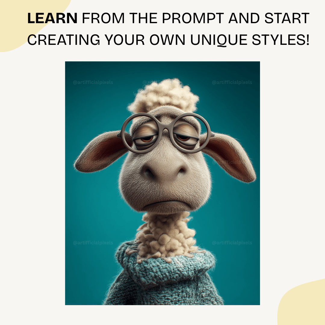 Grumpy sheep with glasses and fluffy wool in Pixar animation style generated with Midjourney AI prompt