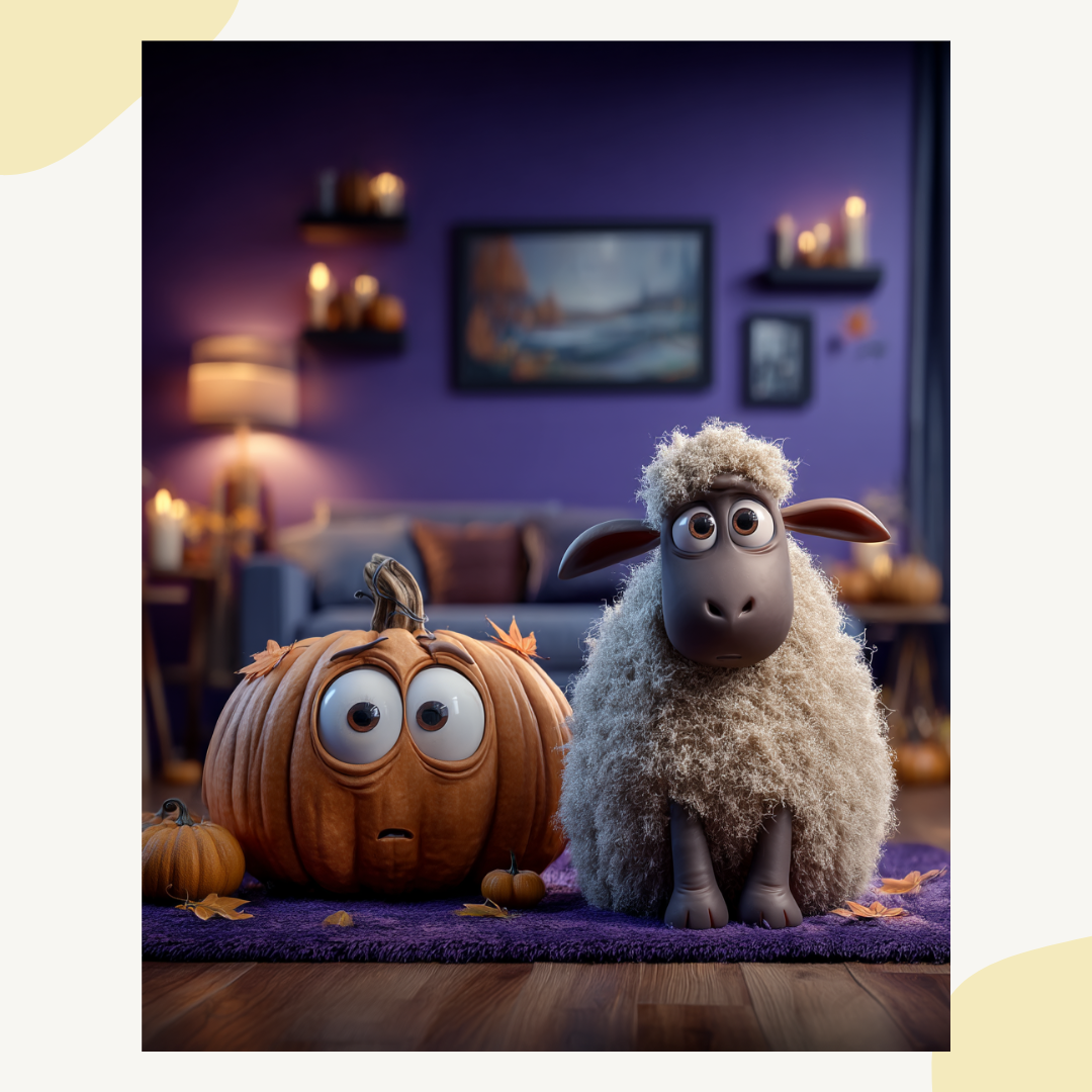 Example from Halloween Pixar-style digital image bundle featuring cute animal and goofy pumpkin design.